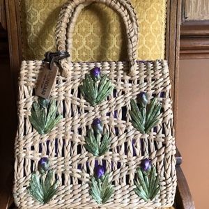 Mondani New York Straw Handbag with Purple Tulip Appliqué
